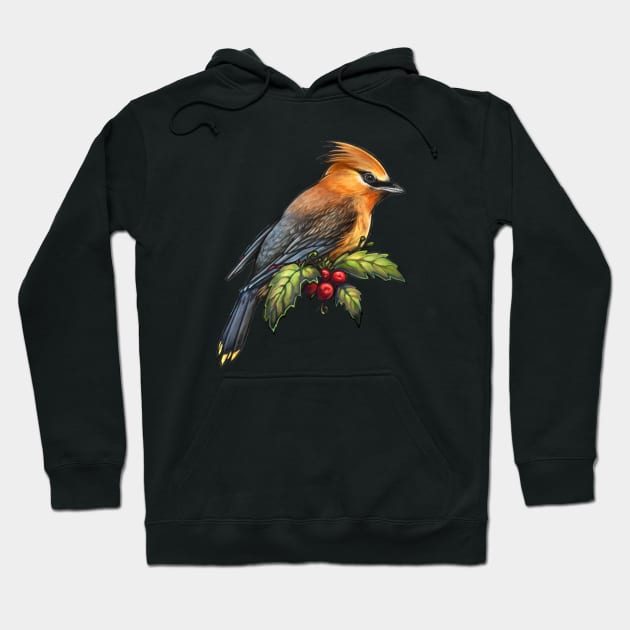 Holiday Bird Cedar Waxwing Hoodie by CassWArt